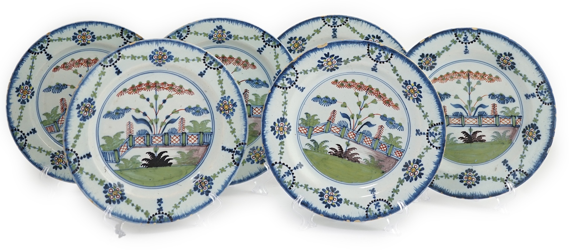 A set of six London delftware polychrome plates, late 18th century